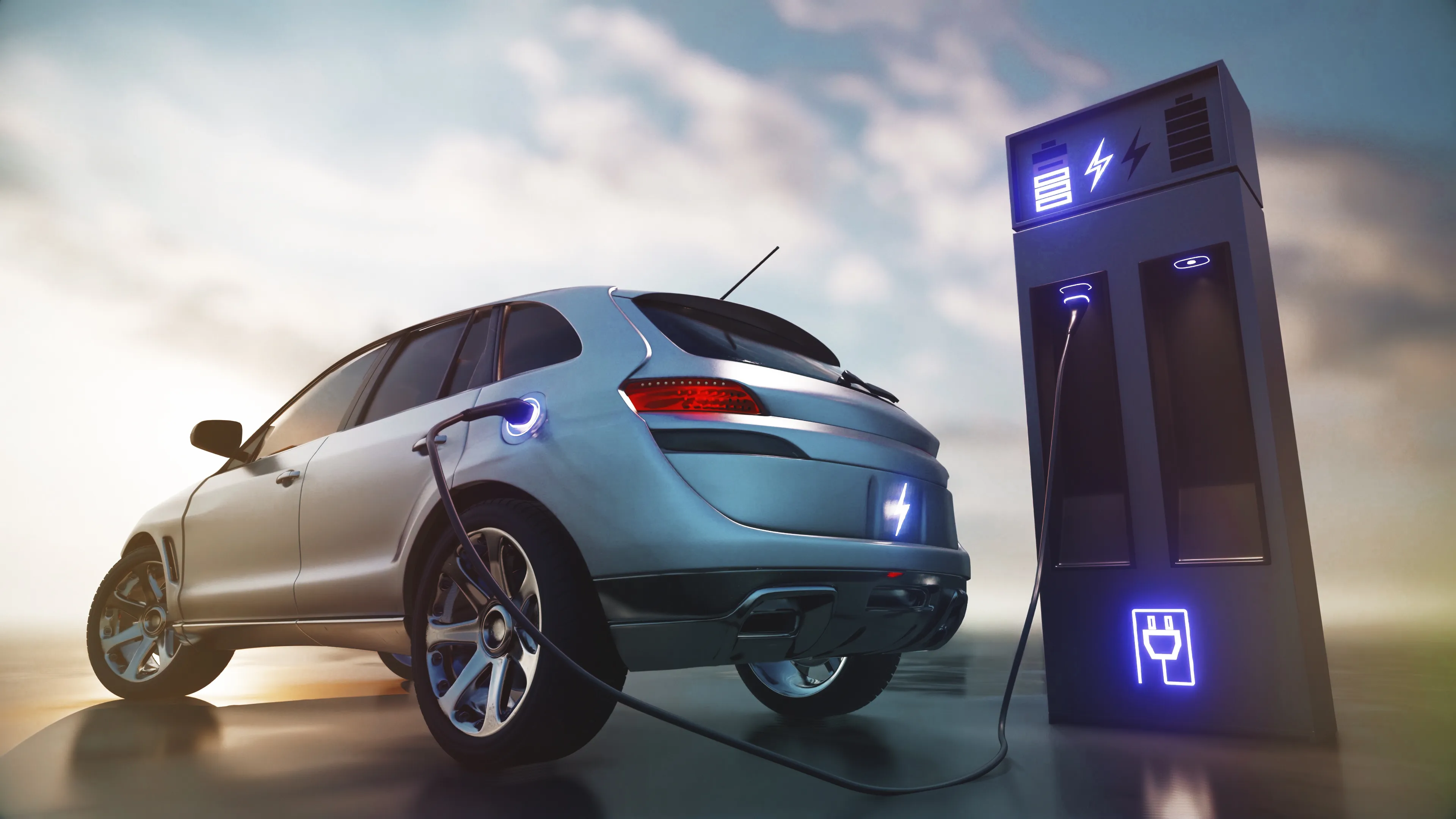 Electric car at a charging station with clouds in the background