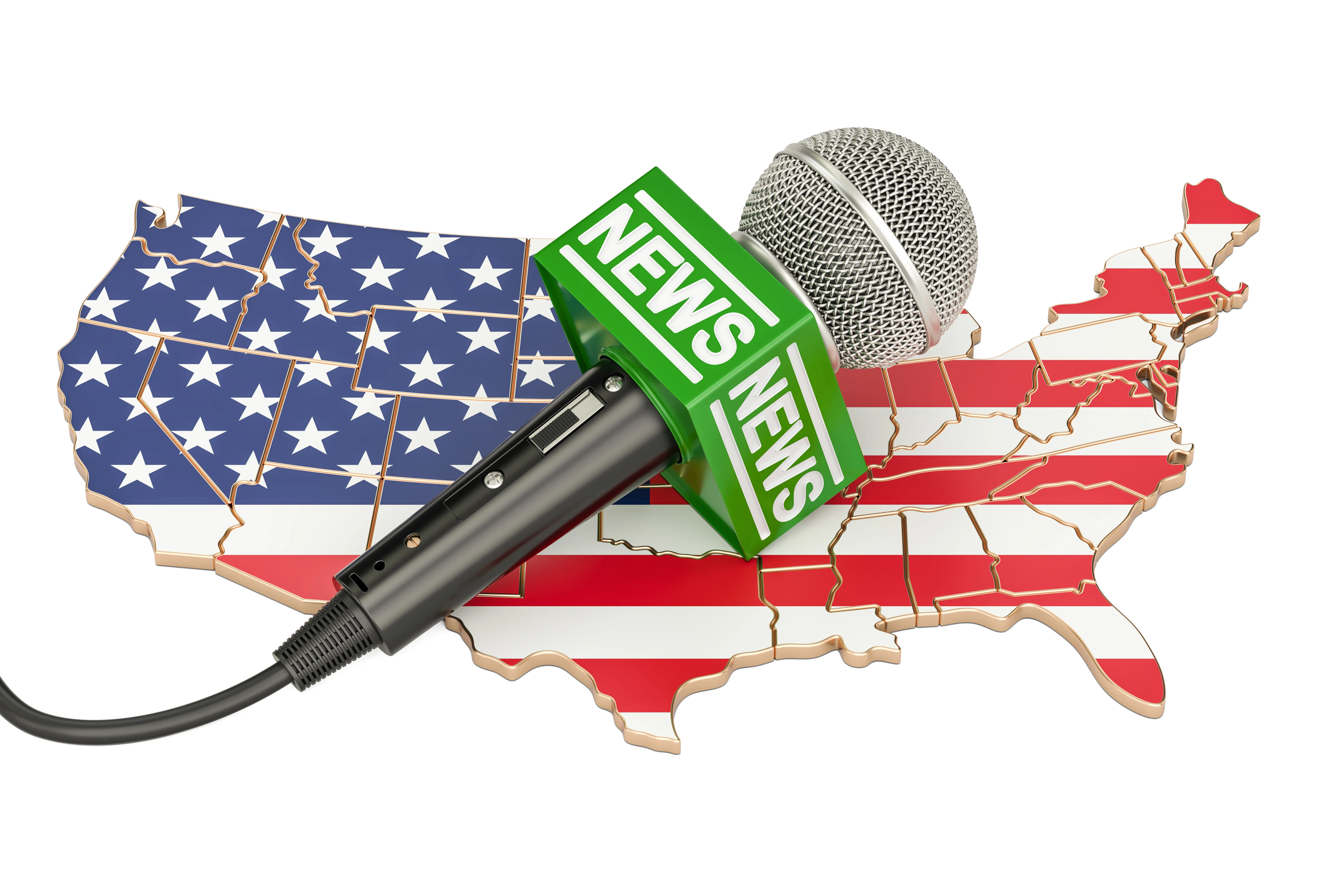 Microphone with the the word "news" on top of a puzzle map of the United States overlayed with the national flag.