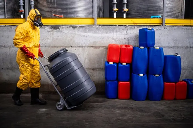 A worker in a yellow hazmat suit and mask is transporting a black hazmat barrel to a storage area near other barrels.