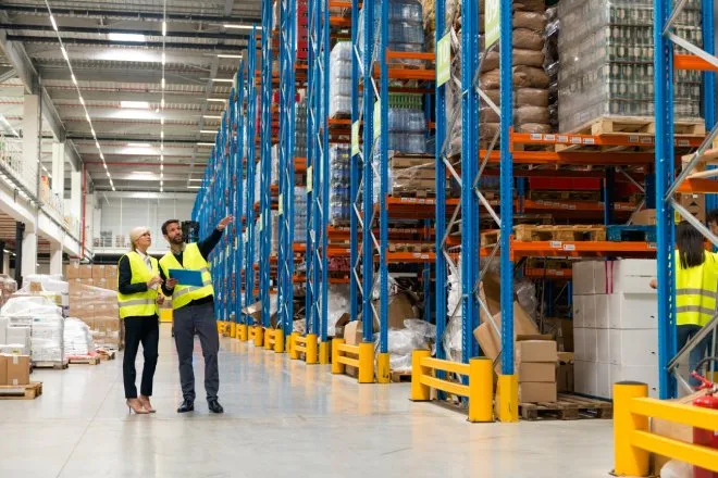 A man and a woman wearing yellow safety vests while inspecting a warehouse containing multiple pallet racks.