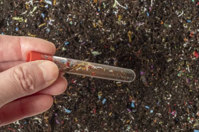 A hand holding a test tube containing a soil sample above a patch of dirt littered with colorful microplastic shards.