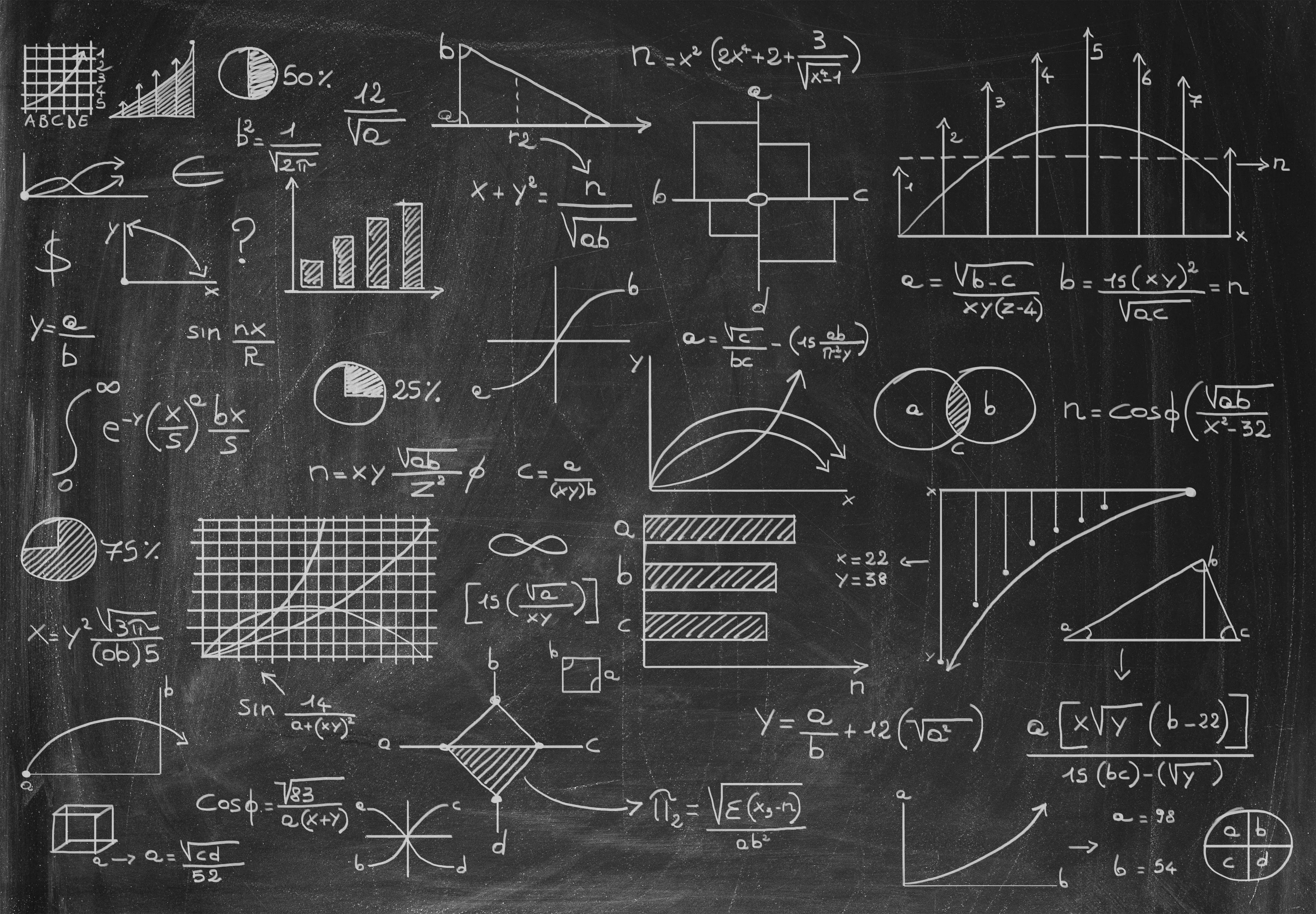 Chalk board with formulas, graphs, and charts.