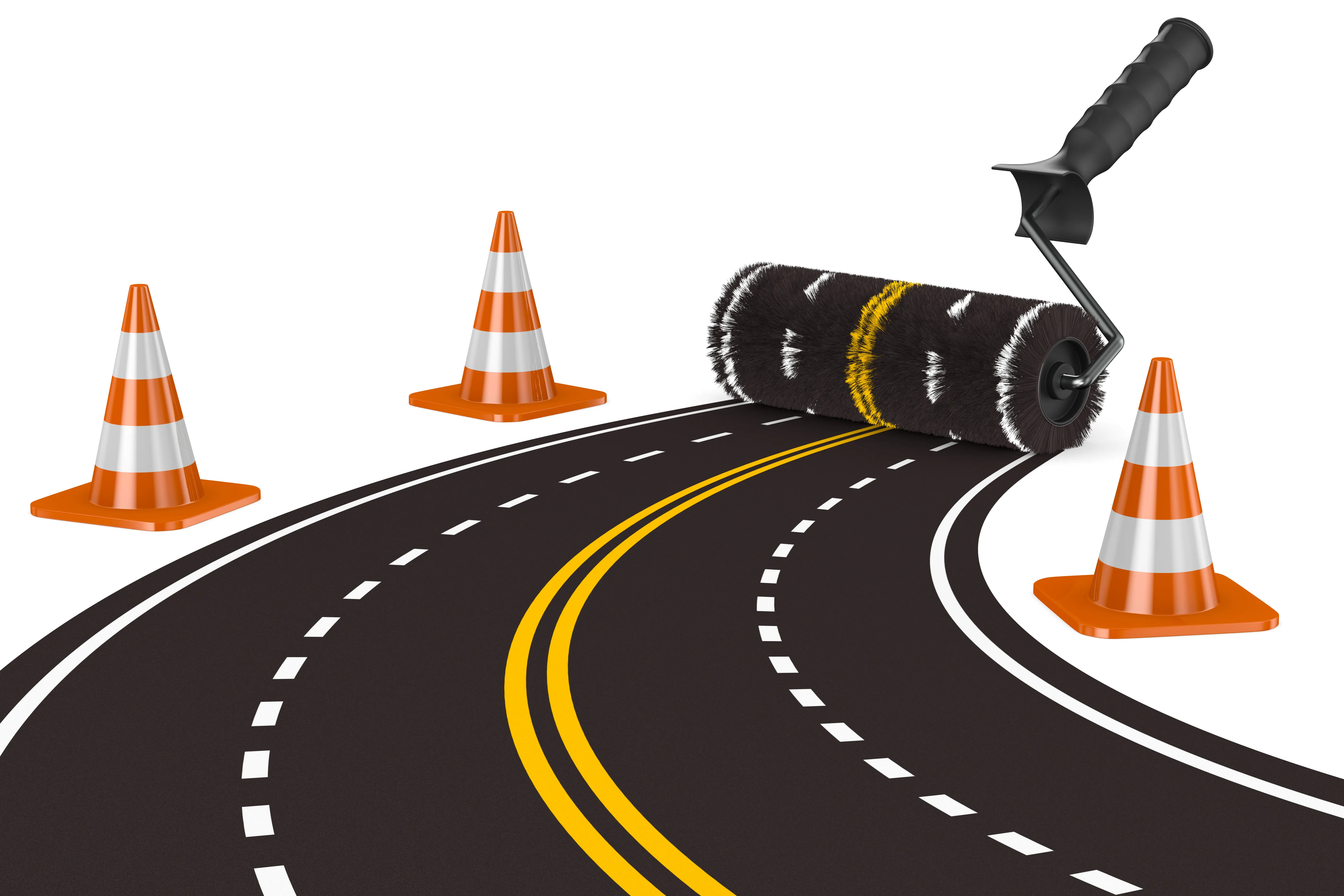 Concept image of a paint roller creating a four-lane road. Construction cones are at the sides.