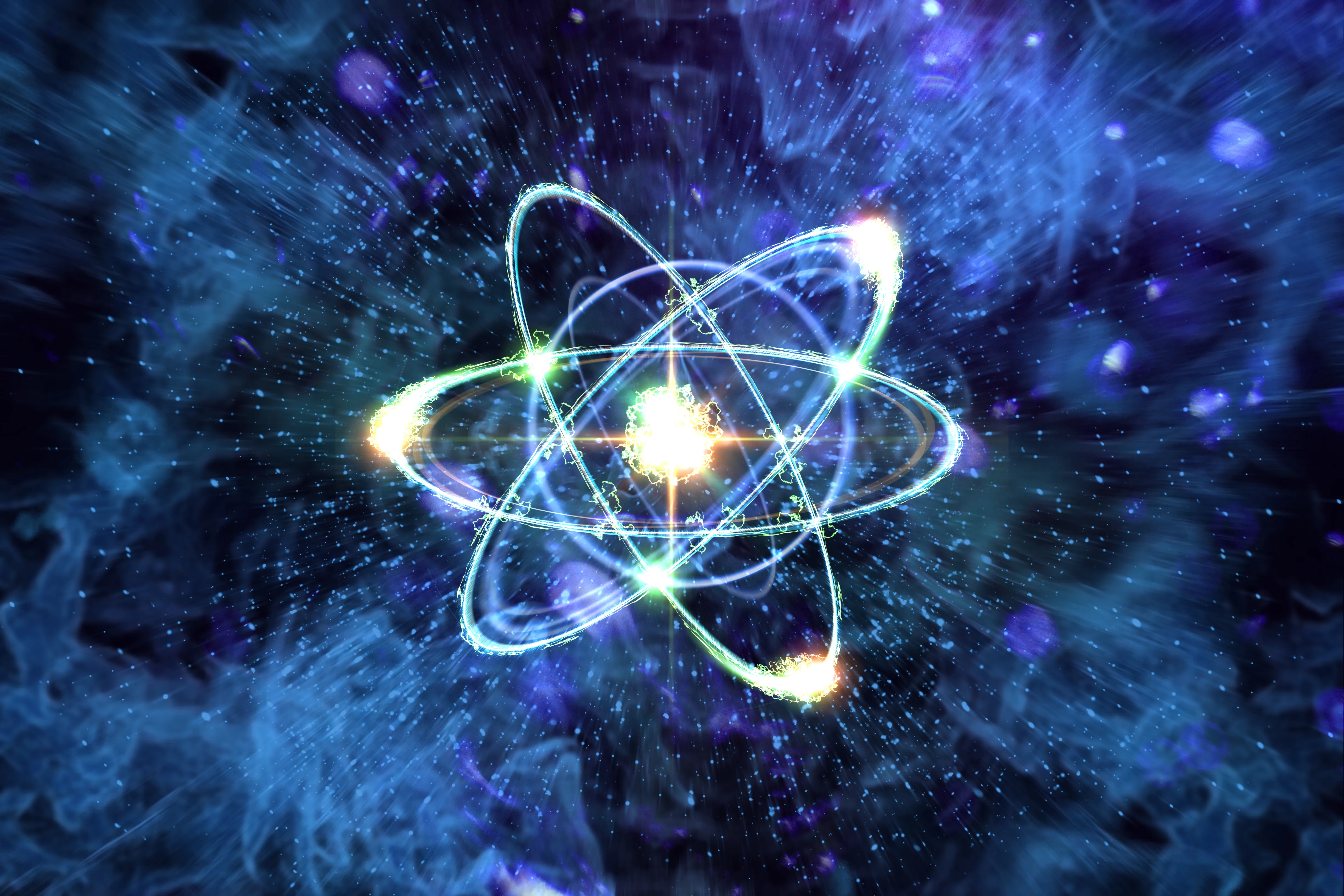 Artist's concept of an atom, with a nucleus and orbiting electrons