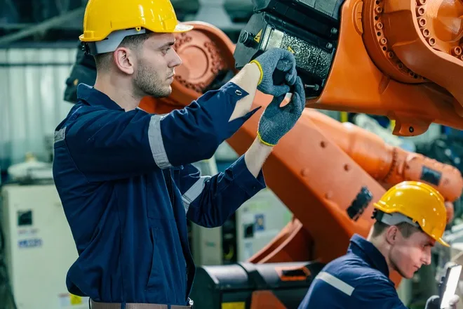Two people in blue reflective jackets and yellow hard hats maintain orange machinery in a manufacturing facility.