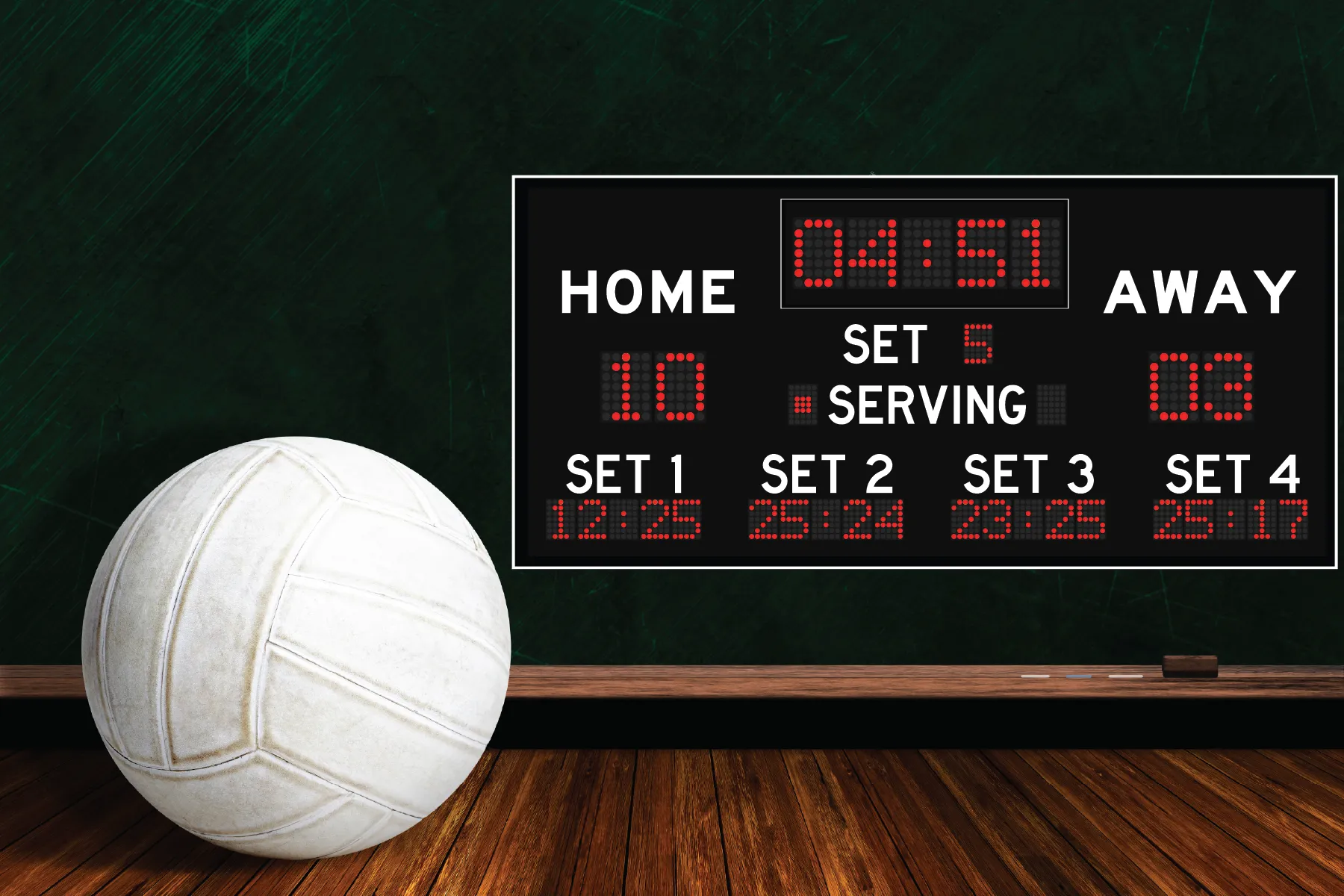 Concept art showing a volleyball in the foreground and simulated scoreboard in the background.