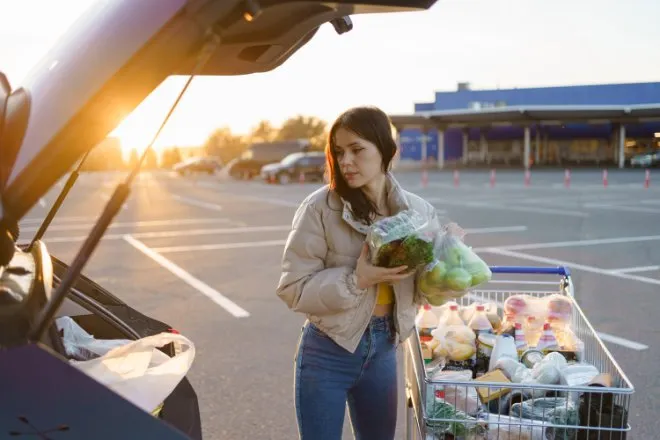 A woman loads fresh groceries from a full shopping cart into the open trunk of a vehicle in a parking lot.