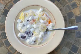 Bowl of Ambrosia dessert with spoon