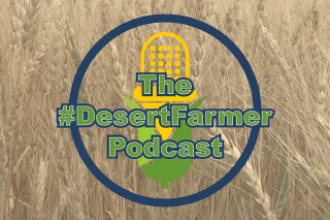 Logo for The #DesertFarmer Podcast over an image of ripe wheat