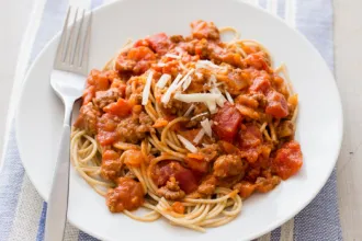 Plate of Pasta Bolognese with a fork.