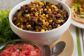 Bowl of Tex-Mex Skillet on a plate next to a spoon and container of pico de gallo