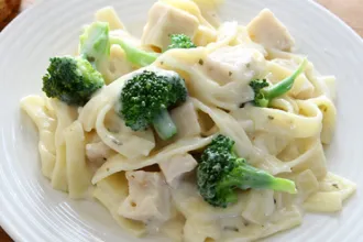 Plate of chicken broccoli Alfredo.