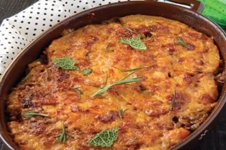 Serving pan of herbed lentils and rice casserole