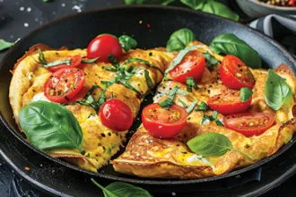 Plate with two servings of tomato and garlic omelet topped with halved cherry tomatoes and basil leaves.