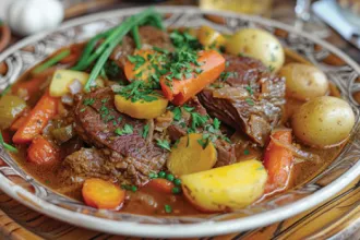 Plate of Bosnian Stew with beef, carrots, potatoes, chives, and parsley.