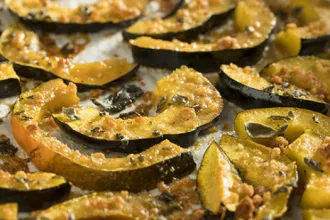 Spiced Baked Squash - USDA Close up view of a pan of spiced baked squash
