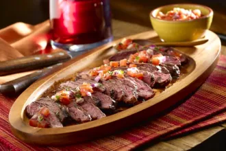 Argentinean Grilled Steaks with Salsa Criolla - USDA Wooden plate of sliced grilled steak with salsa criolla on top and a small bowl of salsa as a side. The plate rests on a cloth mat. Utensils and a glass container are in the background.