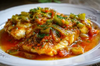 Closeup view of a plate of baked fish with creole sauce.
