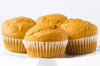 Serving plate with four basic muffins in paper baking cups.