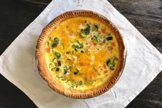 Overhead view of a cooked basic quiche.