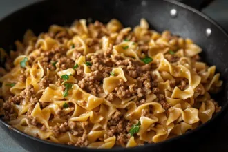 Beef and Noodles - USDA Closeup view of a pan containing cooked beef and noodles.