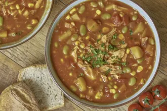 Overhead view of a bowl of Brunswick stew with two slices of bread and a cluster of cherry tomatoes next to it.