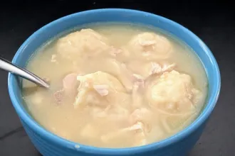 Overhead view of a bowl of chicken and dumplings with a spoon.