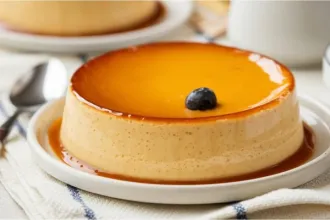 A single serving-size classic honey flan on a small plate on a cloth.