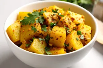 Bowl of curried potatoes with leaves of parsley for garnish.