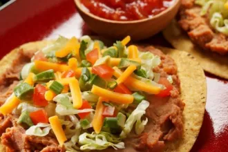 Closeup of a tostada delgadas. Other foods are indistinct in the background.