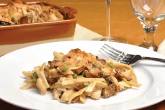 Fork resting on a plate with a serving of turkey tetrazzini. Glass stemware and a baking dish are partially discernible in the background.